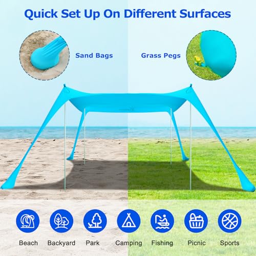 COMMOUDS Beach Tent Sun Shelter - UPF50+ Pop Up Beach Canopy with Sandbags & Sand Shovel & Windproof Poles, Portable Sun Shade for Beach, Camping, Picnics, Backyard (10x10FT) - Image 5