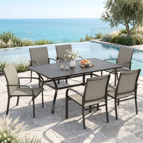 Image of MIXPATIO 7pc Patio Dining Set, 60 inch Rectangle Metal Table, 6 Brown Chairs