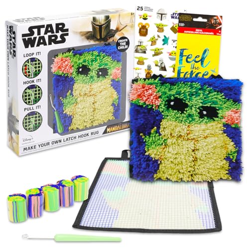 Image of Mandalorian Arts and Crafts Kit for Kids - Bundle with DIY Star Wars Make Your Own Mini Bath Mat Rug Plus Stickers, More | Star Wars Latch and Hook Baby Yoda Wall Art