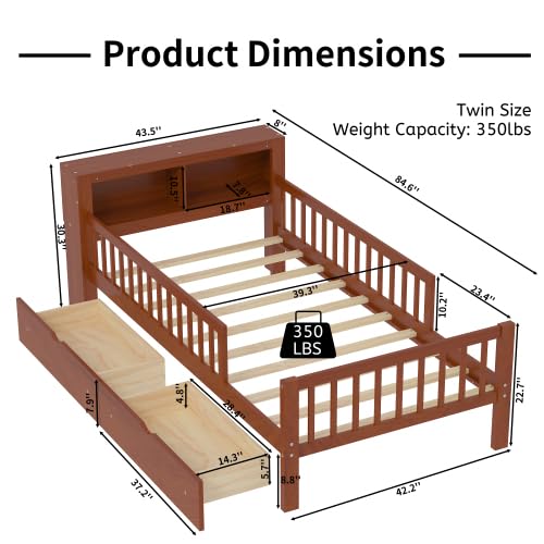 Kids Platform Bed with Storage Headboard, Twin Size Kids Bed with 2 Under-Bed Drawers and 3-Side Guardrails (Walnut)
