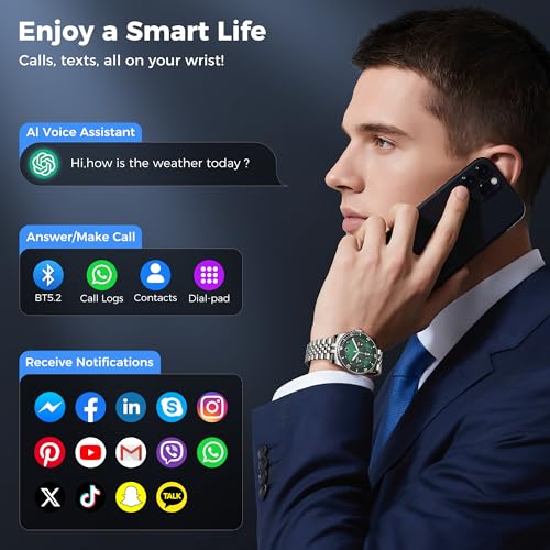 AI Smart Watch for Men Women -1.19" Luxury Smartwatch with Bluetooth Call, 24/7 Heart Rate, 100+ Exercise Modes, Fitness Sleep Monitor for iPhone Android, 2025, Silver Green2