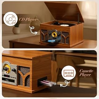 10-in-1 Record Player with Built-in Speakers Wireless Playback, CD & Cassette Player, USB Player, AM/FM Radio, 3 Speeds Turntable Vinyl Record Player Mahogany - Les Beatles, Paul McCartney, John Lennon, RIngo Starr, George Harrison 10-in-1 Record Player with Built-in Speakers Wireless Playback, CD & Cassette Player, USB Player, AM/FM Radio, 3 Speeds Turntable Vinyl Record Player Mahogany – Image 4
