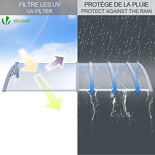 VOUNOT Vordach für Haustür 200 x 80 cm, Überdachung Haustür aus Aluminium und Polycarbonat, Transparentes Pultbogenvordach, Pultvordach, Grau