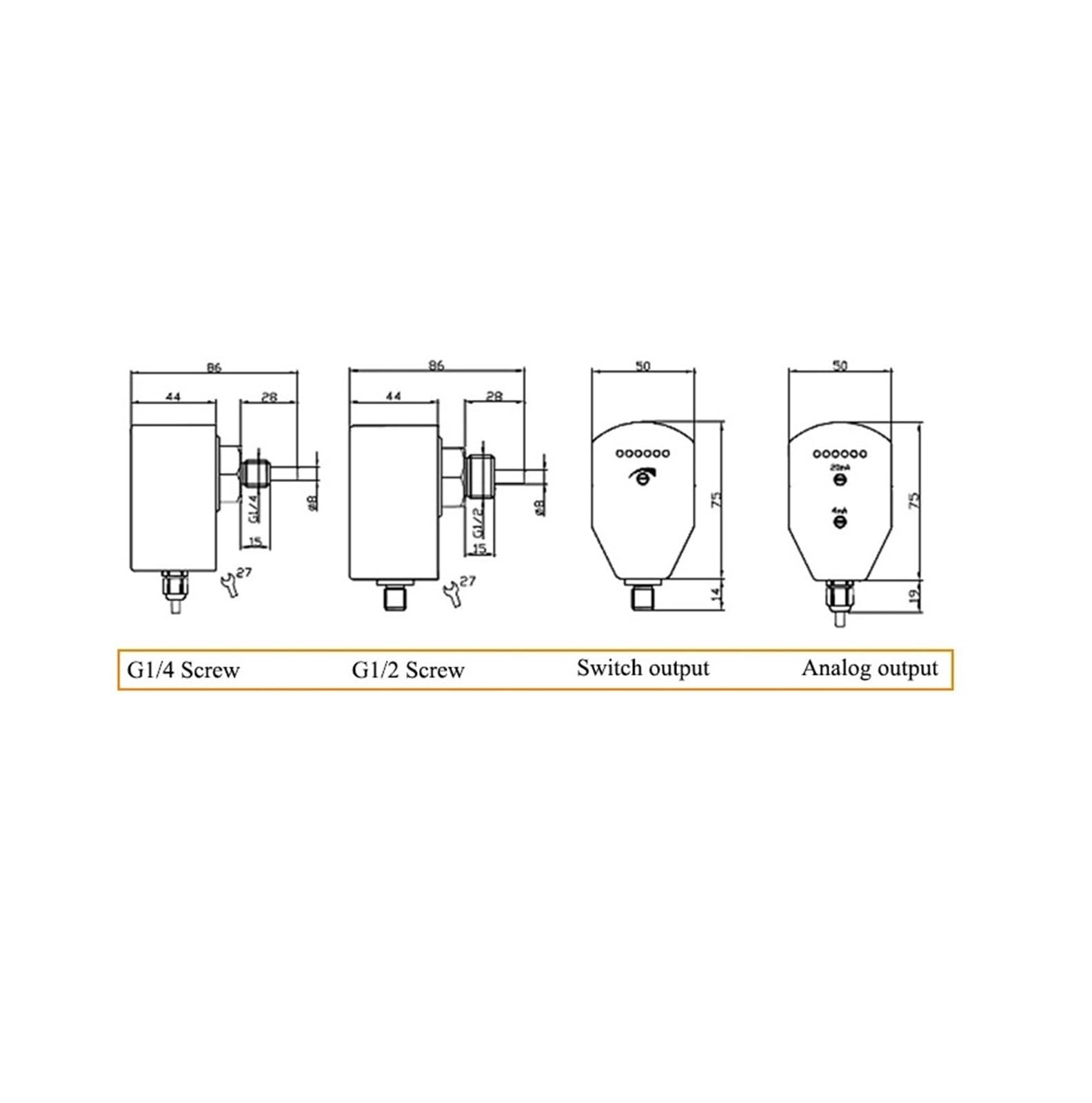 Sensore di Flusso con connettore M12, Interruttore dell'Acqua con Pressione Massima di 1..150 cm/s e 100 Bar, Attacco filettato e sensori di Flusso in Acciaio Inossidabile(G1/4,No+NC SPDT)