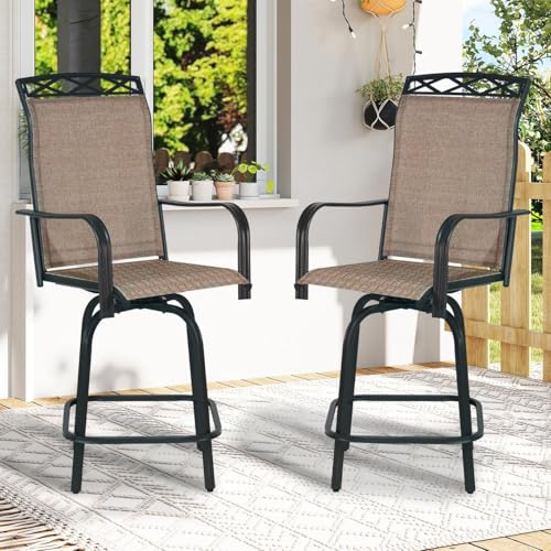 Image of Outdoor Swivel Bar Stools Set of 2, 26.6 inch Seat Height Patio Bar Chairs, Counter Height Outdoor Chairs with Cooling Fabric for Garden, Patio, Deck, Brown