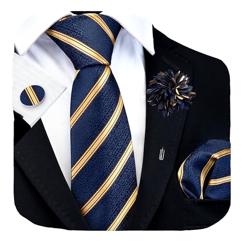 Image of GUSLESON 3.15 inch（8cm） Mens Stripe Tie and Lapel Pin Necktie Hankerchief Cufflinks Set for Men