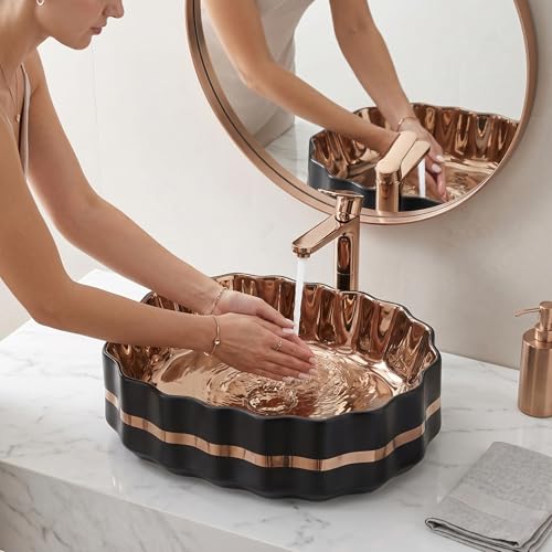 Image of BASSINO 20x15x6 Inches Ceramic Wash Basin Table Top /1 Year Warranty /Unique Countertop Basin for Bathroom /Above Counter Sink for Dining Hall /Living Room /Hotel /Office(Black & Rose Gold Finish)