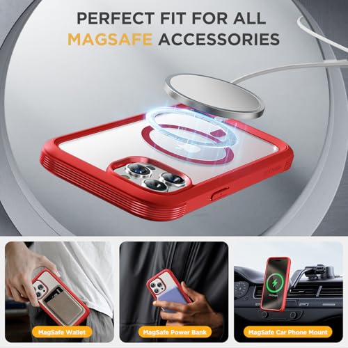 Image of Miracase Magnetic for iPhone 14 Pro Max Case 6.7 inch, (Compatible with MagSafe) Upgrade Full-Body Clear Phone Bumper Case with Built-in 9H Tempered Glass Screen Protector, Magnetic Red