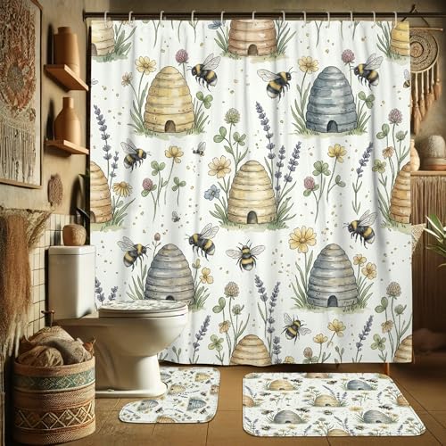 Rideau de douche tissu fleuri avec tapis pour une salle de bain ambiance printemps
