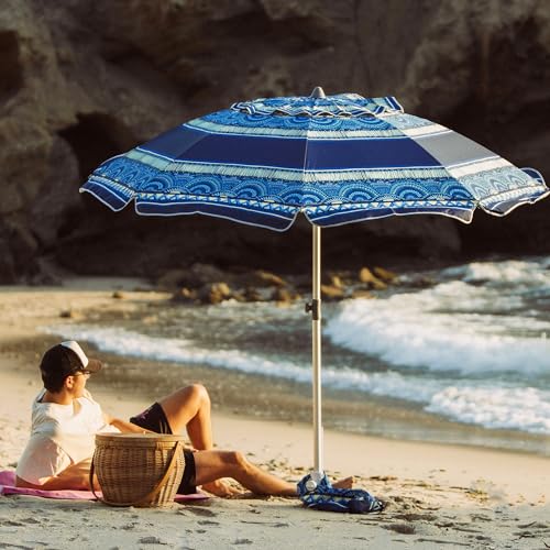 Image of AMMSUN 7ft Heavy Duty High Wind Beach Umbrella with Sand Anchor & Tilt Sun Shelter, UPF50+ Protection Outdoor Sunshade Umbrellas and Parasols Carry Bag for Patio Garden Beach Pool Backyard