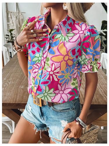 SweatyRocks Women's Floral Print Button Down Blouse Ruffle Short Puff Sleeve Boho Tops4