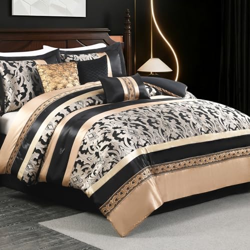 Image of CozyDH Black Gold Jacquard Comforter Set California King - 7 Piece Luxury Bed in a Bag Vintage Damask Patchwork, All Season Down Alternative Bedding with Bed Skirt, Shams, Decor Pillows, 104x96 in