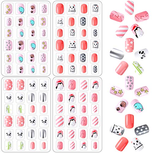 96PCS Kids Fake Nails, Pre-glue Full Cover Stick on Nails Press on Nails for Girls (Refreshing and Cute)