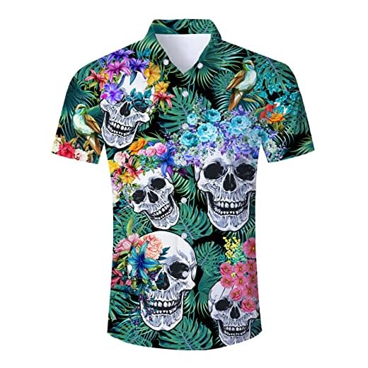 Fanient Skull Printed Shirts for Men Hawaiian Aloha Short Sleeve Bowling Beach Summer Button Down Shirt L