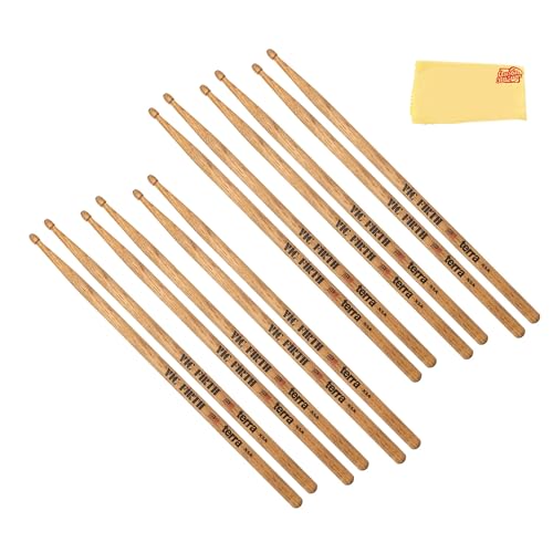 Vic Firth American Classic X5AT Terra Series Wood Tip Drumsticks - 6-Pack Bundle with Austin Bazaar Polishing Cloth