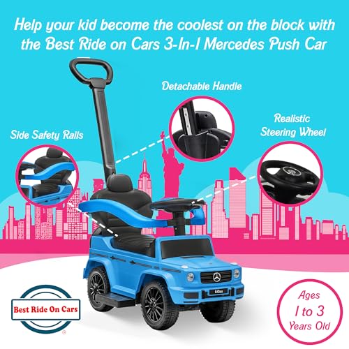 Image of Best Ride On Cars Kids Outdoor Stroller Mercedes G-Wagon 3-in-1 Push Car with Detachable Handle, Safety Rails, and Working Horn, Blue