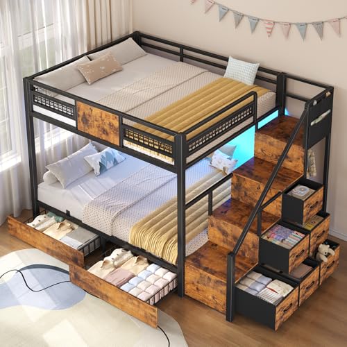 BTHFST Bunk Bed Full Over Full with Stairs LED Lights Full Bunk Beds with 2 Storage Drawers & 6 Fabric Drawers Metal Full Loft Beds with Safety Guardrail & Stairs Space Saving Rustic Brown