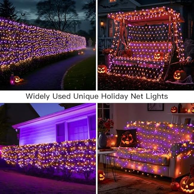 suddus 360 LED Halloween Net Lights, 12ft x 5ft String Lights with Remote, Waterproof Connectable Green Wire for Bushes, Trees, Halloween Decoration, Indoor Outdoor Party Yard Garden, Purple & Orange