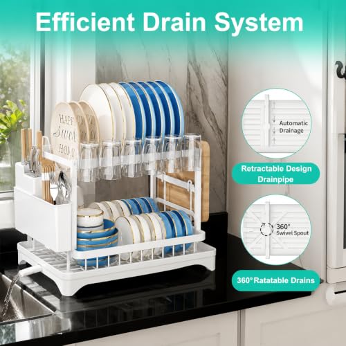 Image of HomeCloud 2-Tier Kitchen Dish Drying Rack & Drainer | Large Capacity Dish Stand with 360 Flexible Drainage System, Removable Drip Tray, Cutlery Holder & Cup Organizer for Countertop (White )