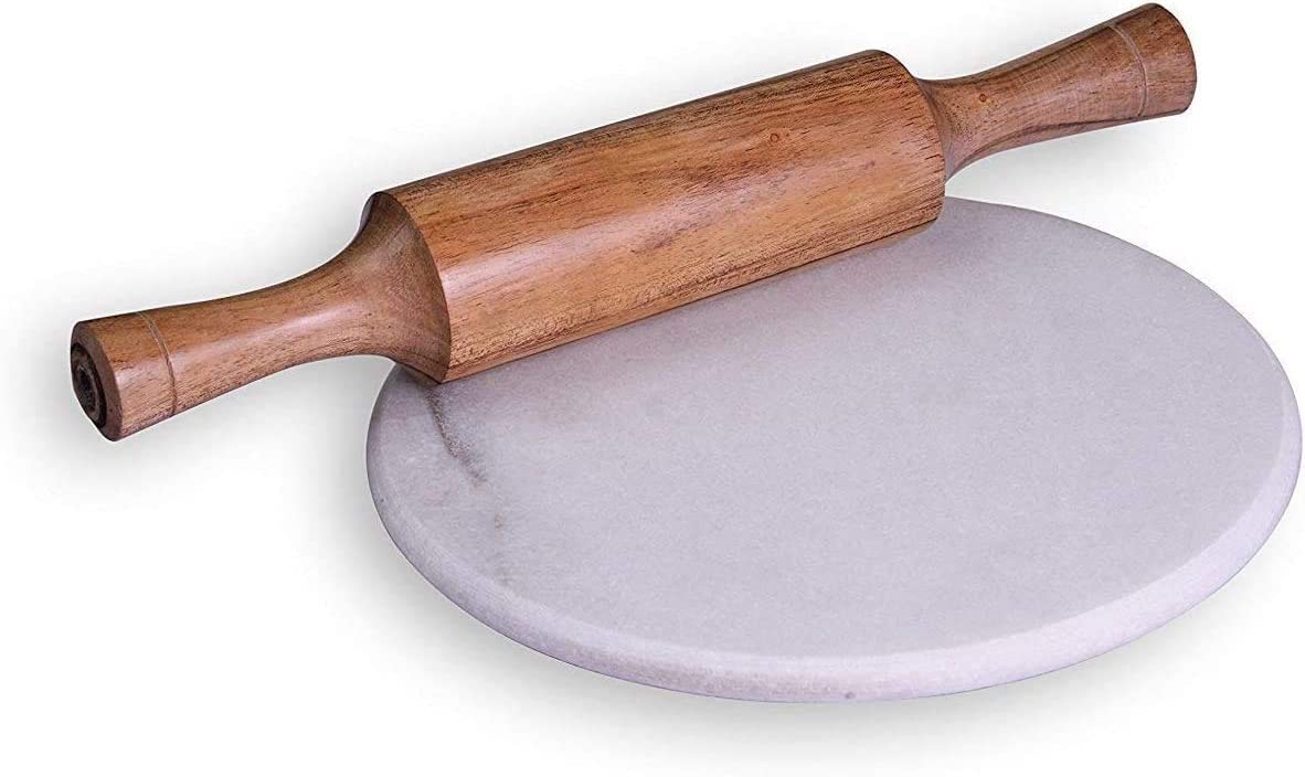 Trident Collection Plain White Chakla Belan Set Belan Chakla Circular Board with Rolling pin Set Hand Made Marble Polpat with Belan, Kitchen Utensils for Roti Making ( from India )
