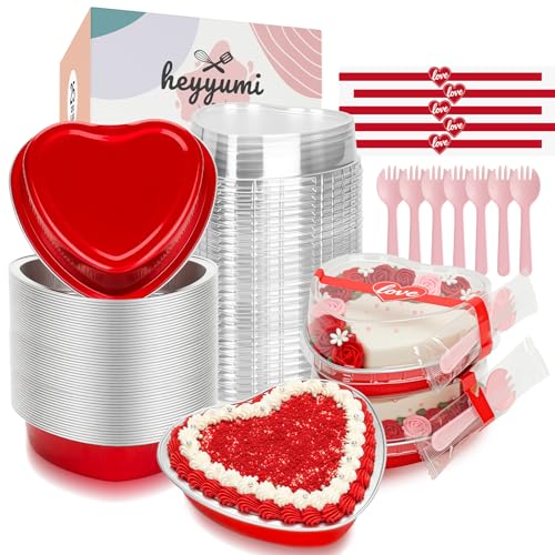 Aluminum Foil Mini Heart Cake Pan,HEYYUMI 25pcs 9oz Disposable Heart Shaped Cake Pans with Lids,Cupcake Liners Muffin Tins,Cupcake Baking Cups Ramekins Containers Red