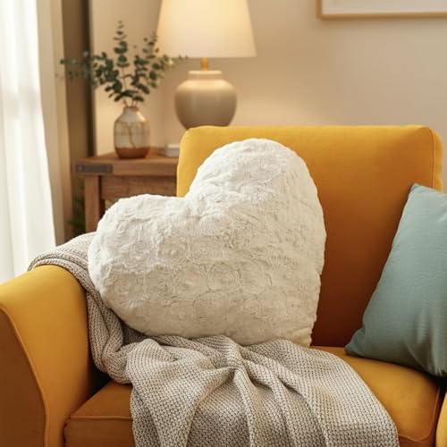 DaDalogy Bedding Luxury Dreamy White Faux Fur Heart Pillow - Lovely Valentine Gift Throw...