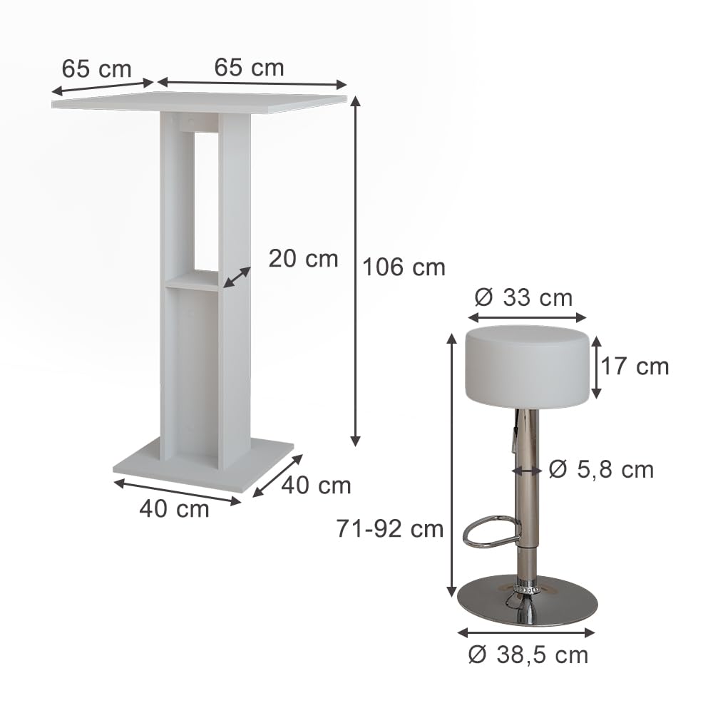 Vicco Set de Table de Bar Repose, Blanc, 65x65cm avec 2 tabourets de Bar, avec étagère latérale pour Le Rangement des Bouteilles et des Verres