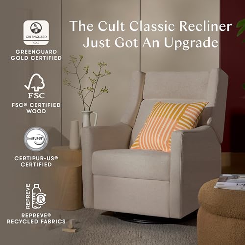 Image of Babyletto Kiwi Plus Electric Recliner Glider in Performance Beach Eco-Weave | GREENGUARD Gold & CertiPUR-US Certified - Power Recliner Rocking Nursery Chair w / USB Ports - 270 Swivel