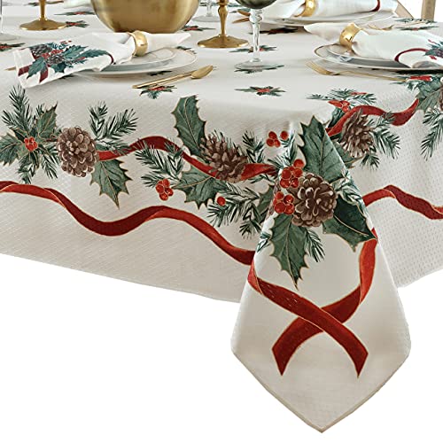 Lintex Evergreen Garland Double Ribbon Bordered Cottage Christmas Tablecloth, Holly And Pine Cone Country Xmas Holiday Easy Care Fabric Tablecloth, 60 Inch X 84 Inch Oblong/Rectangle #TOP3