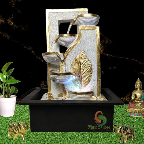 Image of Decorative Table Top Water Fountain for Home Decor /Office /Indoor & Outdoor /Garden /Puja Room /Vaastu with Multicolor LED Light and Adjustable Water Pump (White Leaf Diya D-040)