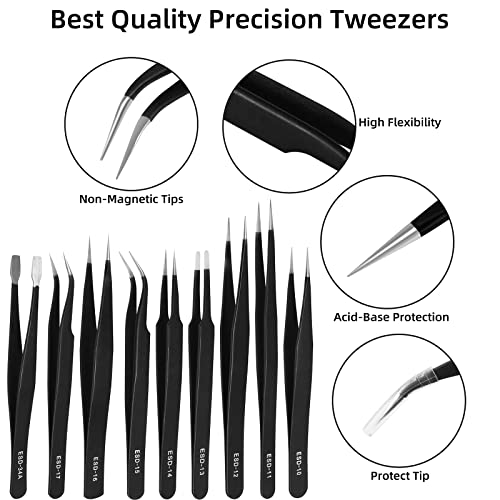 TOPBELIEF Precision ESD Tweezers Set, 9 Pcs Anti-Static Stainless Steel Tweezers - Image 3