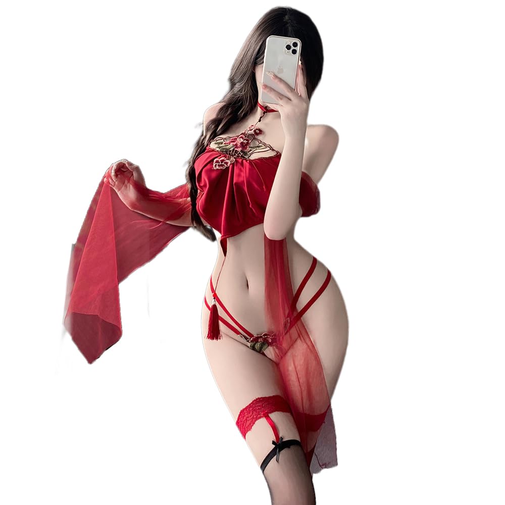 QNCLO Women's Sexy Chinese Ancient Style Lace Flower Dress Japanese Geisha Underwear Nightgown