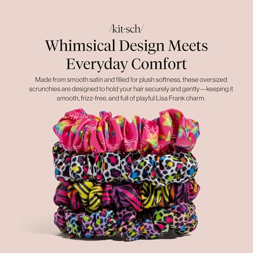 Image of Lisa Frank x Kitsch Ruched Satin Scrunchies for Women - Softer Than Silk Scrunchies | Hair Ties No Damage for Frizz-Free Sleep - Rainbow Leopard 4 pcs