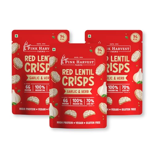 Image of Pink Harvest Farms Red Lentil Crisps - Garlic and Herb | Gluten-Free, High-Protein, Healthy Baked Chips | High Protein, Vegan Snack | No Rice, Potato, Corn, or Wheat (25g, Pack of 3)