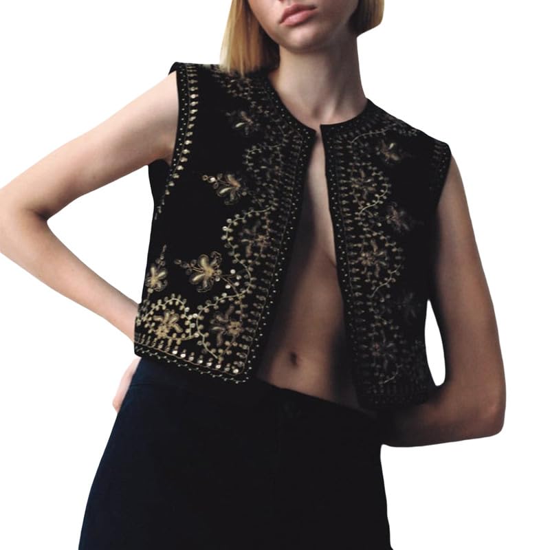Argeousgor Women Vintage Embroidered Floral Vest Y2k Open Front Boho Sleeveless Cardigan Cropped Waistcoat