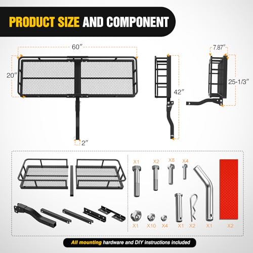 Image of Nilight 60 inch x 20 inchx 7.87 inch Hitch Cargo Carrier & 5 /8 inch Pin Clip Fits 2-Inch Receiver 500 Lbs Heavy Duty Capacity Luggage Basket Fold Up for SUV Pickup Camping Traveling