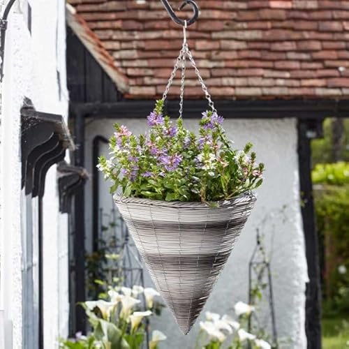 Garden Mile Garden Hanging Flower Basket 14'' Rattan Effect Cone Plant Holder Outdoor Plant Pot Planter with Hanging Chain Wicker Basket Planter Pre- Lined for Easy Planting