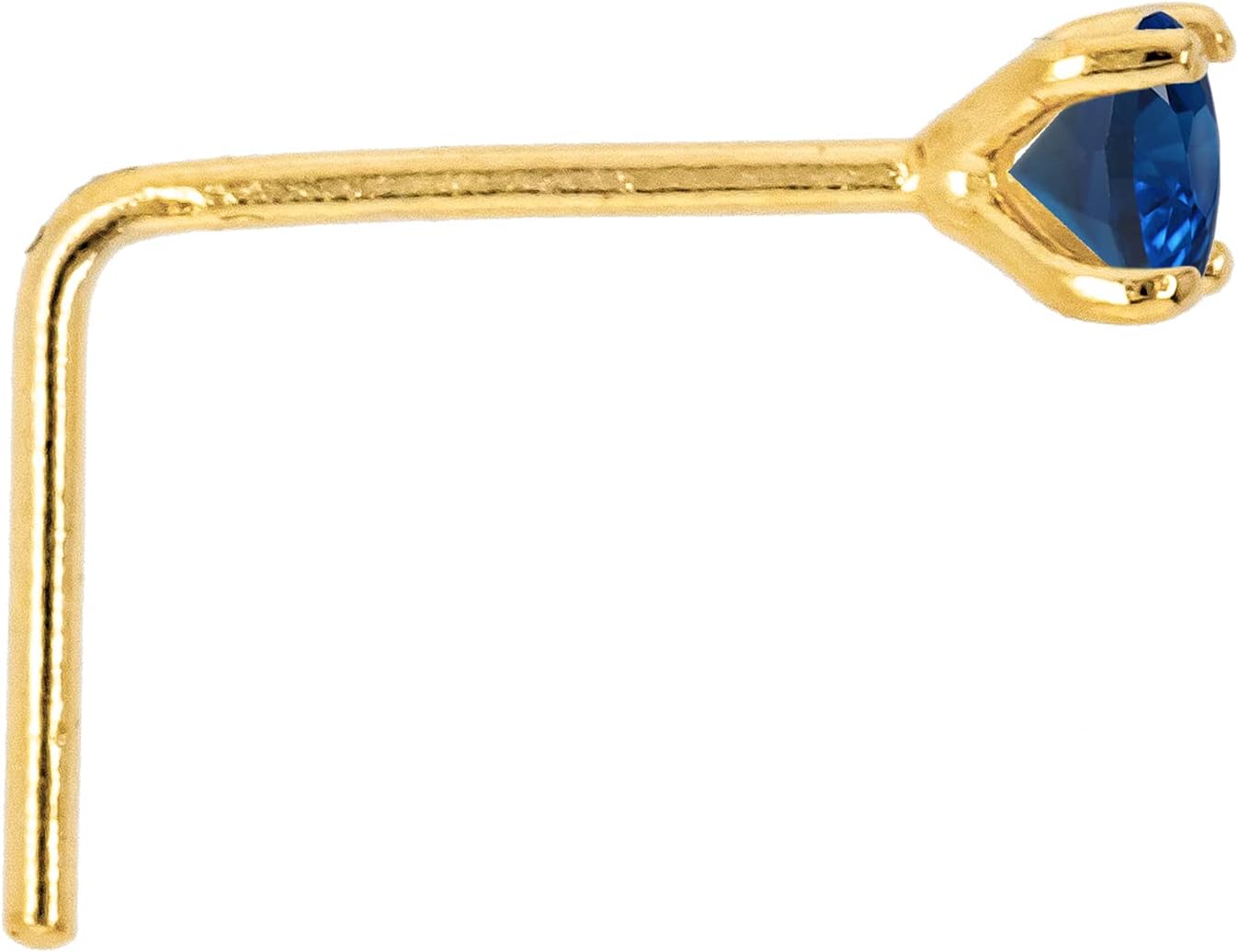 22G Solid 14Kt Gold L-Shape Nose Stud with real Blue Sapphire Gemstone, 14kt Yellow Gold or 14kt White Gold Prong Setting - September Birthstone Nose Ring