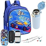 Kit Mochila Infantil Menino Carros 3D com Garrafa Termica Inox 500ml e Kit de Pintura