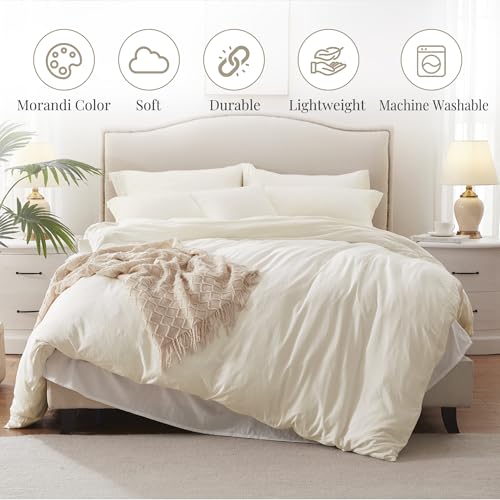 Image of MILDLY Duvet Cover Twin Ultra Soft Comforter Cover Set 2pcs, Off White | Washed Microfiber Cotton-Like, Breathable Comfort, Hidden Zipper, 8 Corner Ties, OEKO-TEX Certified, Fade Resistant