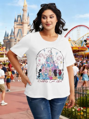 Image of NANYUAYA Plus Size Magic Shirts for Women Castle Kingdom Graphic Magical T Shirt Cute Holiday Princess Tee Vacation Tops