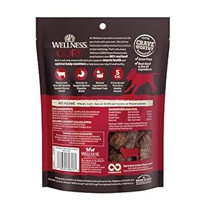 Wellness CORE Energy Packed Canine Treats (Beforehand Pure Rewards), Grain-Free Tender Jerky Treats, Made in USA (Beef Recipe, 4-Ounce Bag)
