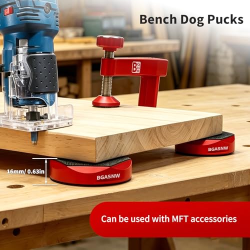 Image of Bench Dog Pucks for MFT Table (4 Pack), Fits 3 /4 inch Dog Hole for Woodworking, Heavy Duty Aluminium with Double Sided Anti Slip Pads, Woodworking Kit for Most Medium Sized Panels