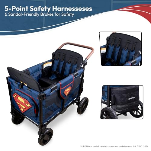 Image of WONDERFOLD W4 Luxe Pro Special Edition Superman Stroller Wagon (4 Seater) - Collapsible Wagon Stroller with Seats with 5-Point Harnesses, Easy Access Zipper Door, and Removable Sun Canopy