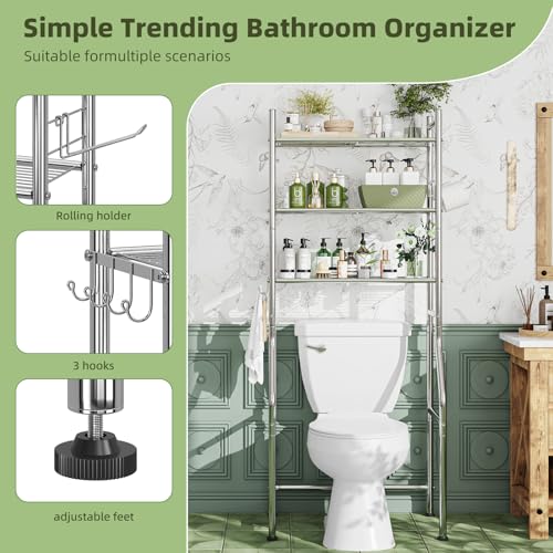 Image of Simple Trending 3 Tier Over The Toilet Rack, Bathroom Shelves with 4 Hooks and Paper Holder, Bathroom Stand Organizer Space Saver, Chrome