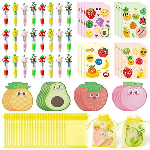 CY2SIDE Fruit Stationery Party Gift - 12 Pack Fruit Stationery Gifts Set Include 4-in-1 Ballpoint Pens Sticky Notes Stickers and Organza Tutti Party Favors Goodie Bag Fillers for School Rewards