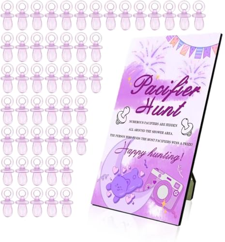 Image of Baby Shower Games, Baby Shower Decorations, 1 Baby Pacifier Hunt Sign and 50 Acrylic Pacifiers for Gender Reveal Games (Purple)