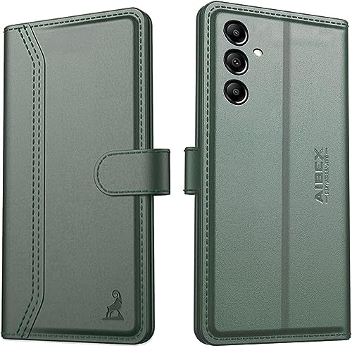 Image of AIBEX Compatible for Samsung M14 5G Flip Cover Leather Finish | Inside TPU with Card Pockets | Wallet Stand | Complete Protection Flip Case - Green