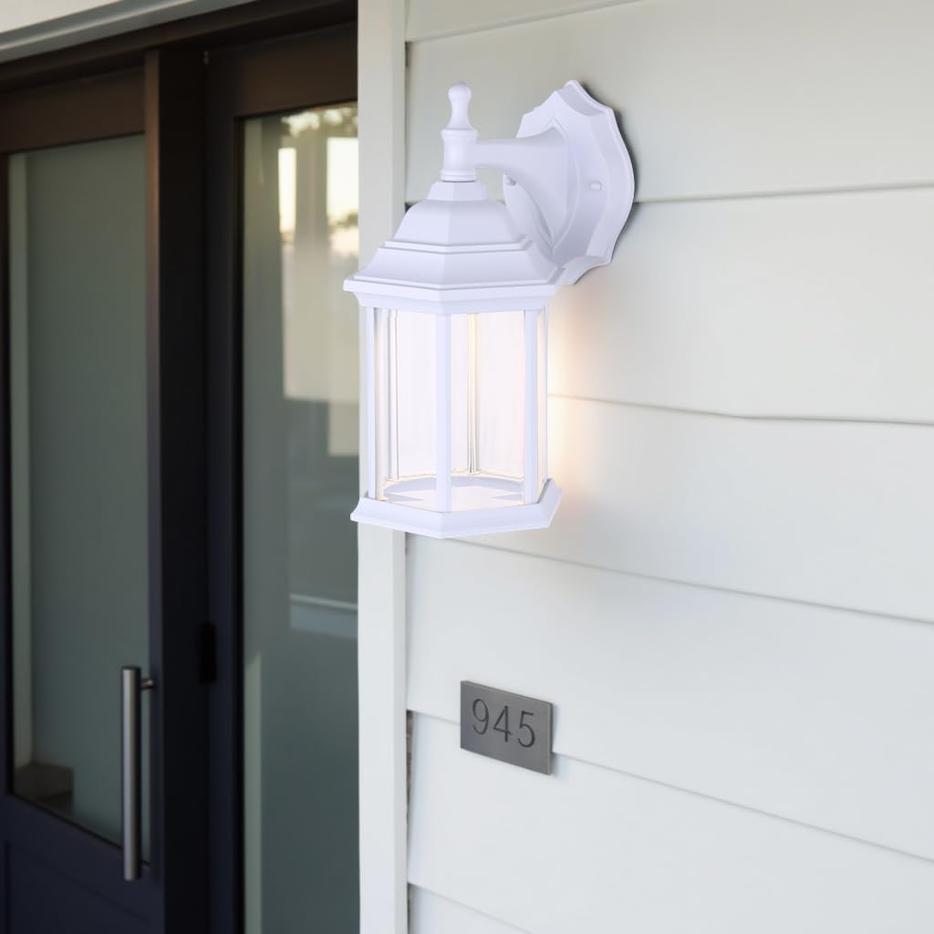 Canarm Dane 1-Light LED Lantern, White Finish Wall Mount with Clear Glass Panels, Durable Weather-Resistant Outdoor Lighting for Patio, Porch and Garage