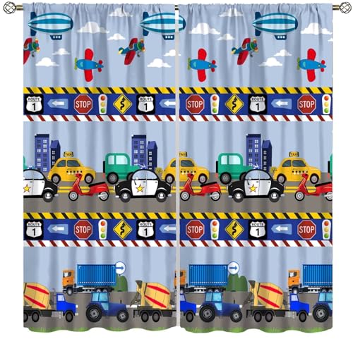wlsgdsg Cartoon Cars Curtain,Kids Boys Aircraft Vehicles Road Clouds Print Window Treatment Curtains for Kitchen Bedroom Cafe Dining Room Office Living Room Drapes, 55x63 in